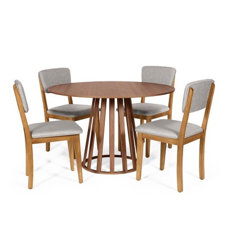 Mesa de Jantar Redonda Gabi Noronha com 4 Cadeiras Estofadas Ella Cinza Claro