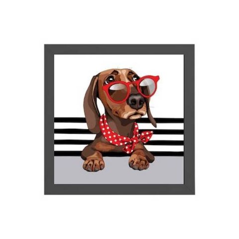Quadro Quadrado Dachshund Fashion 20x20cm:Madeira branca