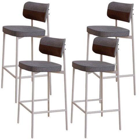 Kit 04 Banquetas Alta Bar Cozinha Sala de Jantar Aço Branco Kaira C01 Linho Cinza Courino Whisky -