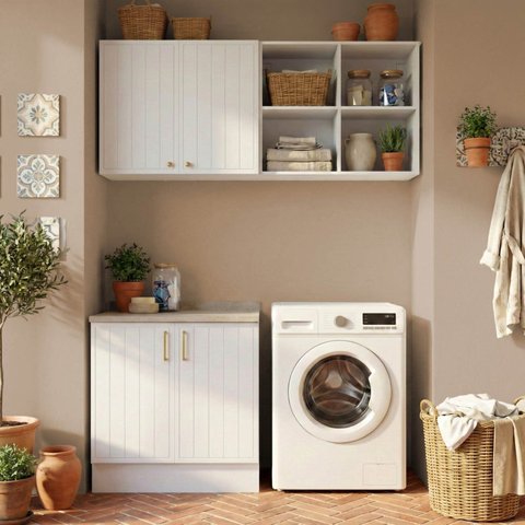 Lavanderia Modulada 3 Peças 1 Aéreo 1 Balcão com Tampo 1 Nicho 80cm Marselha CabeCasa MadeiraOriginals Madeiraorigina Branco
