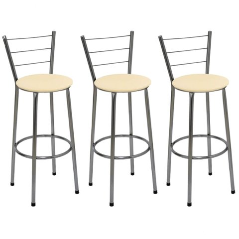 Kit 3 Banquetas Altas Cromada com Encosto Assento Bege