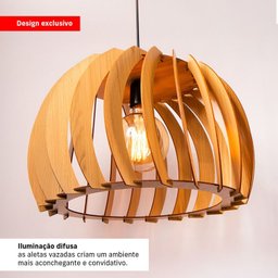 Luminária Pendente Grande Redondo Aletado Madeira Rustico Cor:marfim - 2