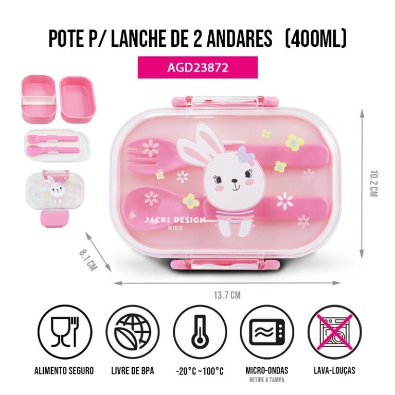 Pote P/ Lanche de 2 Andares Infantil 400ml Jacki Design - Pimpolho:rosa - 4