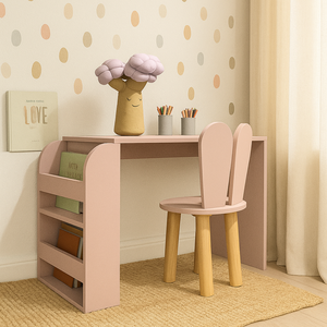 Mesa Infantil 80cm com Suporte para Livros e 1 Cadeira em Mdf e Madeira Natural:sal Rosa