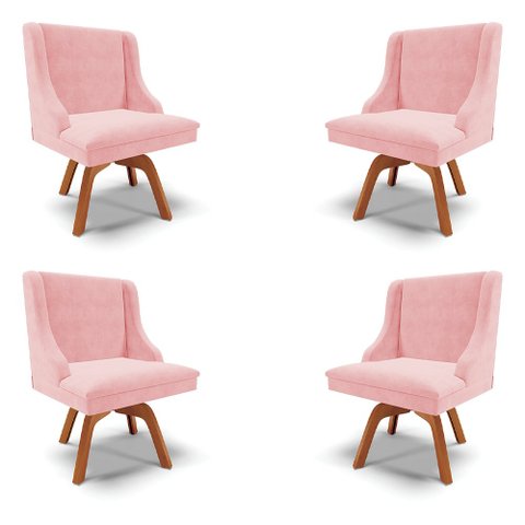 Kit 4 Cadeiras Decorativas Sala de Jantar Base Giratória de Madeira Firenze Suede Rosa Bebê/Natural 