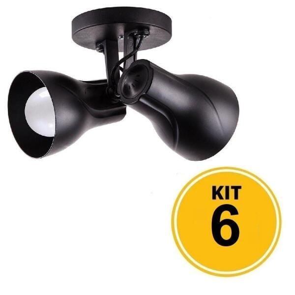 Kit 6 Spot de Sobrepor Direcionável Duplo Octa Plus 2xE27 - Preto