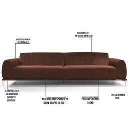 Sofá 3,00M 4 Lugares Pés Rose Gold Molino B-276 Veludo Terra - Domi - 2