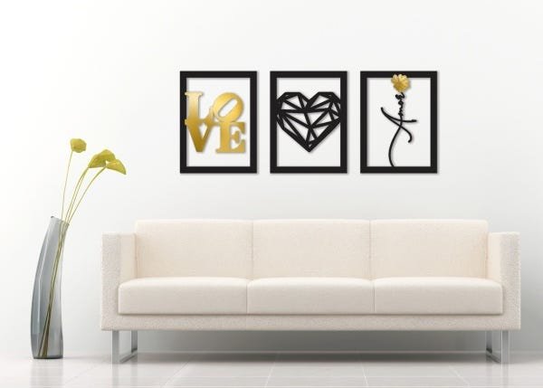 Quadros Love, Coração e Amor - Kit 3 Peças - 3