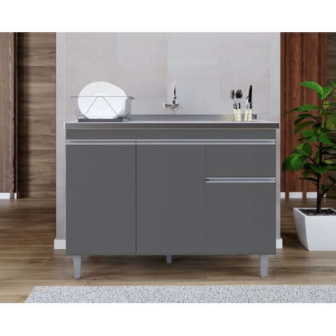 Gabinete P/ Pia de Inox 120cm Cinza 3 Portas 1 Gaveta S/ Tampo - Pop