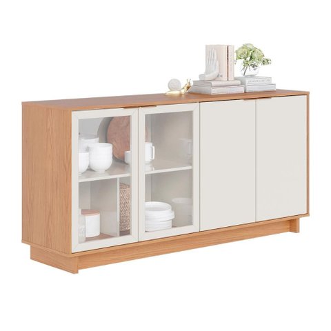 Aparador Buffet Vitoria 2 Portas Mdp 2 Vidro e Prateleiras Freijo/off White
