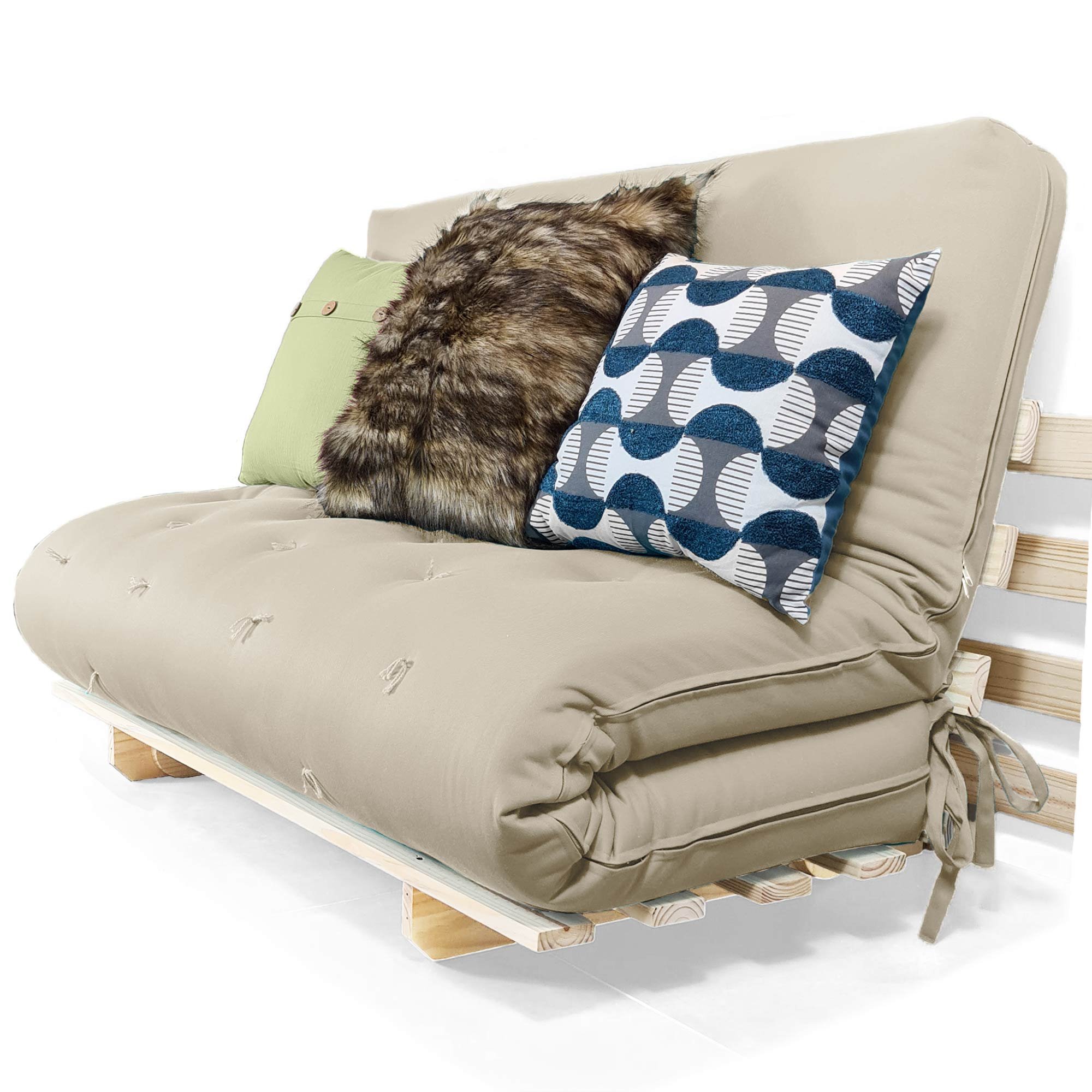 Sofá Cama Casal Futon Oriental Bege com Madeira Maciça MadeiraMadeira