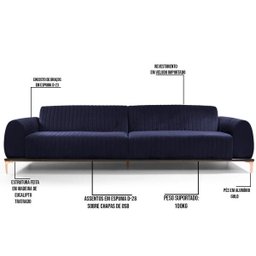 Sofá 2,60M 4 Lugares Pés Rose Gold Molino B-287 Veludo Marinho - Domi - 2