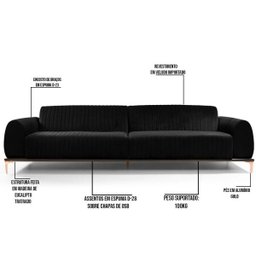 Sofá 2,60M 4 Lugares Pés Rose Gold Molino B-300 Veludo Preto - Domi - 2