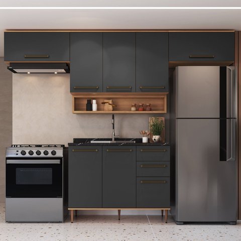 Cozinha Modulada 5 Peças 8 Portas 2 Gavetas com Nicho Decorativo Isabelle Cinza/Freijó/Grafite