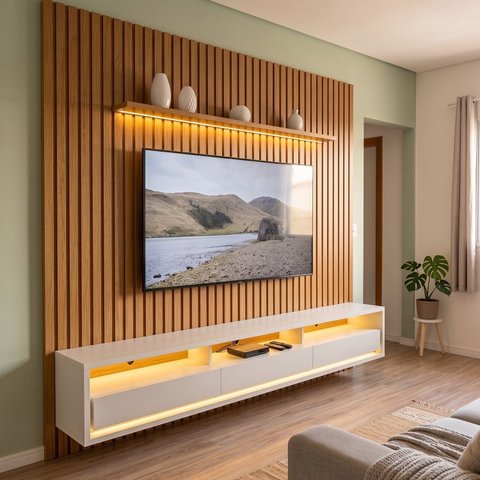 Conjunto Rack Painel Ripado para TV até 90 Polegadas MDF 3 Gavetas com LED e Nichos 260x250x39,8cm
