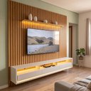 Ver imagem 1 de Conjunto Rack Painel Ripado para TV até 90 Polegadas MDF 3 Gavetas com LED e Nichos 260x250x39,8cm