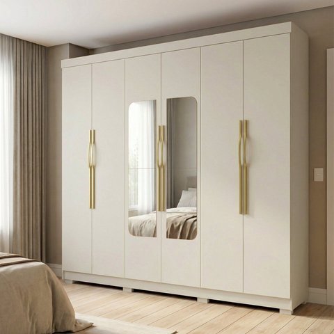 Guarda-Roupa Casal 6 Portas 6 Gavetas com Espelho em MDF Milano Off White/Nevaska