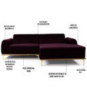 Ver imagem 3 de Sofá 3,50M 6 Lugares com Chaise Direito Pés Gold Molino B-292 Veludo Uva - Domi