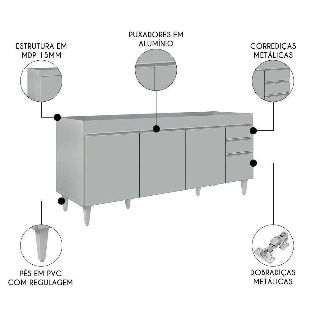 Balcão de Cozinha para Pia 180cm 4 Portas sem Tampo Dallas Cinza