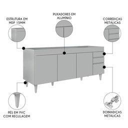 Balcão de Cozinha para Pia 180cm 4 Portas sem Tampo Dallas Cinza Claro - Lumil - 5