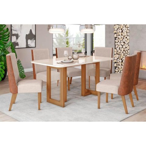 Kit 6 Cadeiras Sala Jantar Yara Sc79 Tampo Madeirado C/ Vidro Canto Curvo 160x90cm e 6 Cadeiras Anne