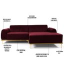 Ver imagem 3 de Sofá 2,55M 4 Lugares com Chaise Direito Pés Gold Molino B-278 Veludo Marsala - Domi