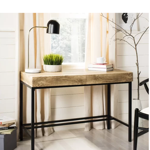 Escrivaninha reta com duas gavetas e pés metálicos