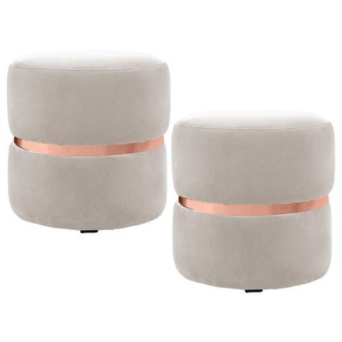Kit 2 Puffs Decorativos com Cinto Rosê Round B-309 Veludo Bege Claro