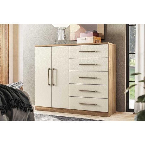 Cômoda Solteiro Málaga Gold 2 Portas e 5 Gavetas C/ Pés Jatoba/areia - Santos Andirá
