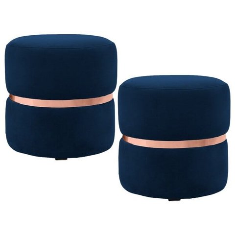 Kit 2 Puffs Decorativos com Cinto Rosê Round B-304 Veludo Azul Marinho