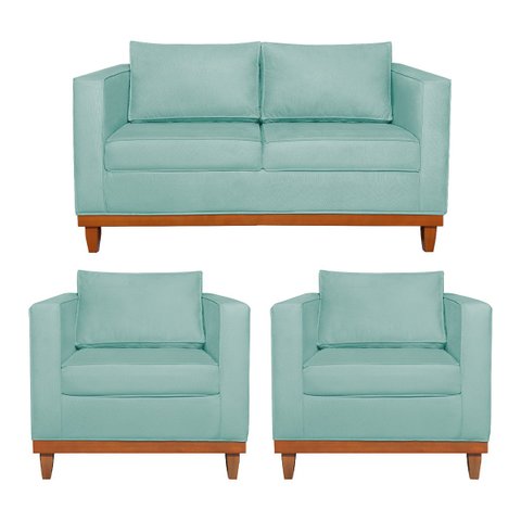 Kit Sofá 3 Lugares e 2 Poltronas Europa 180 cm Estilo Conforto e Elegância Suede Azulo Tiffany - ADJ