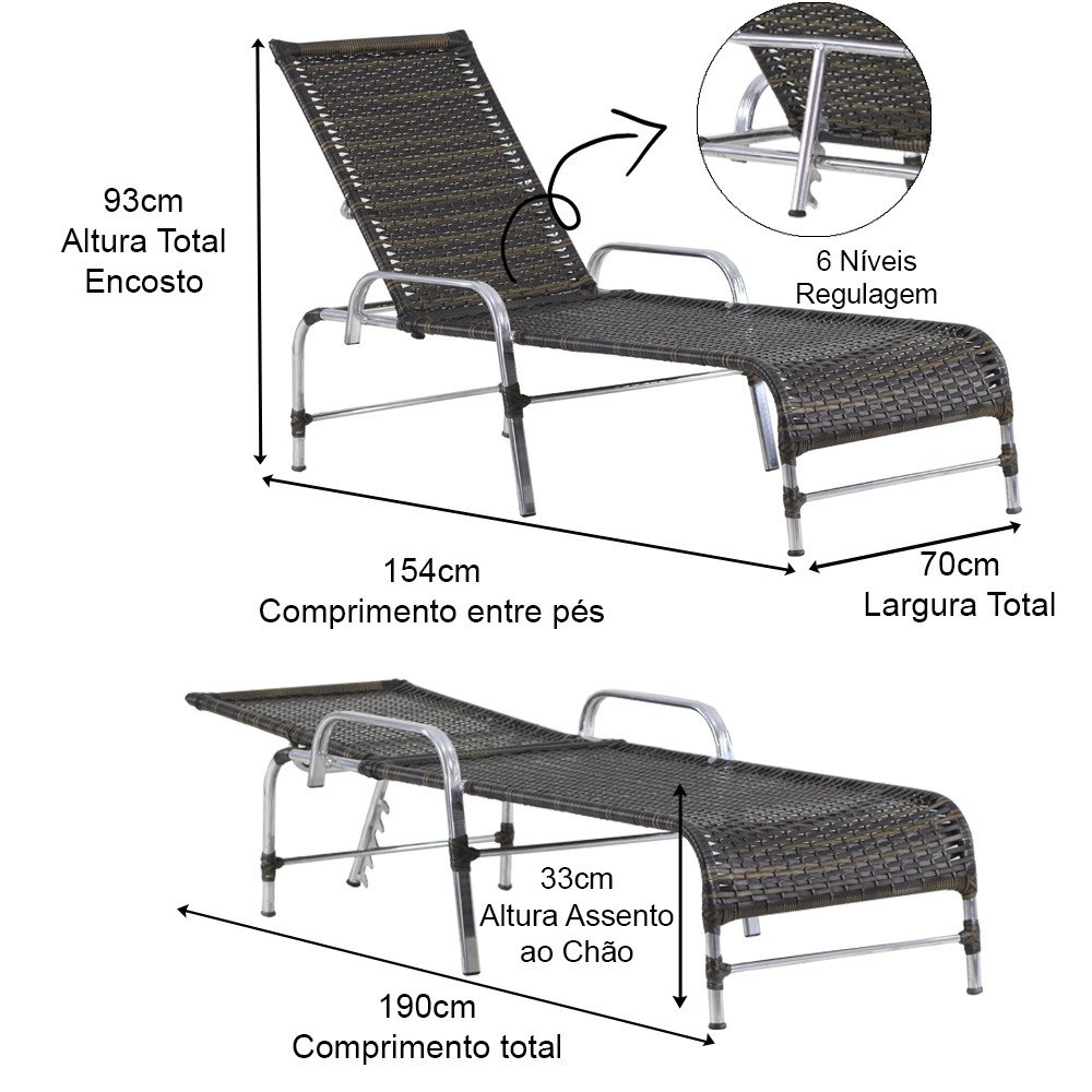Kit 4 Cadeiras e Mesa 2 Espreguiçadeiras 1 Chaise Alumínio Trama Original - 9