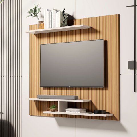 Painel de Tv Osiris Compacto com 3 Prateleira Tvs de até 32":ripado/branco
