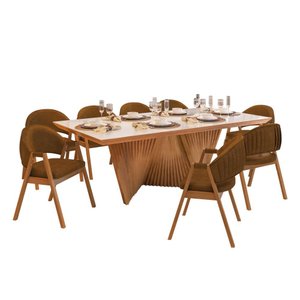 Mesa de Jantar Dunnas Off com 8 Cadeiras Lore Castanho 180cm