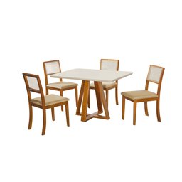 Mesa Jantar Luxo Pérola 120x90 Off White com 4 Cadeiras Palha Linho Bege Telinha Rubi Madeira Maciça - 2