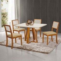 Mesa Jantar Luxo Pérola 120x90 Off White com 4 Cadeiras Palha Linho Bege Telinha Rubi Madeira Maciça - 1