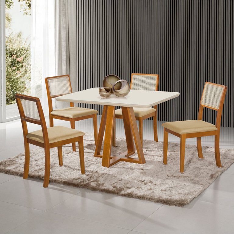 Mesa Jantar Luxo Pérola 120x90 Off White com 4 Cadeiras Palha Linho Bege Telinha Rubi Madeira Maciça