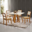 Ver imagem 1 de Mesa Jantar Luxo Pérola 120x90 Off White com 4 Cadeiras Palha Linho Bege Telinha Rubi Madeira Maciça