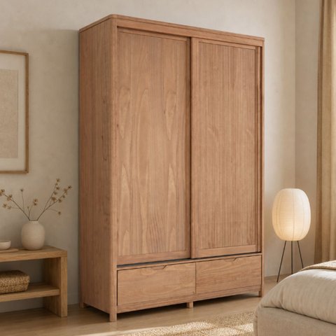 Guarda Roupa Solteiro 2 Portas de Correr 2 Gavetas 150cm Madeira Maciça Benton F06 Tauari - Lyam Dec