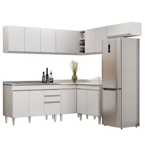 Armário de Cozinha Modulado de Canto 7 Peças Cp21 com Pia Inox Branco - Lumil Lumil Móveis