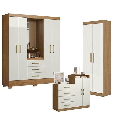 Guarda Roupa Solteiro Paris 2045150 com Armário Multiuso 2 Portas 2000191 e Cômoda Sapateira Londres