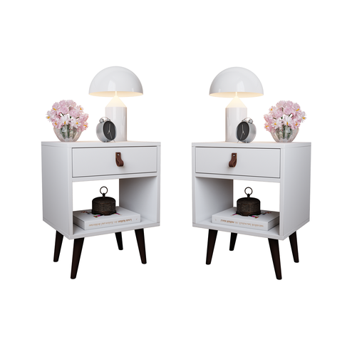 Kit 2 Mesas de Cabeceira Mesinha para Quarto 1 Gaveta Puxador em Couro Ravenna - Branco