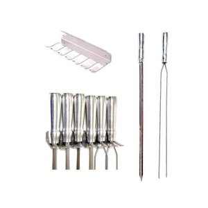 Conjunto 5 Espetos Churrasco e Porta Espeto Parede e Rastelo