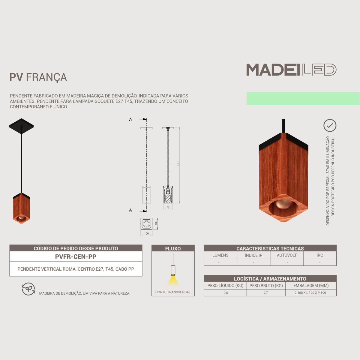 Luminária Pendente França Madeira Maciça de Demolição Rosca E27 - 4