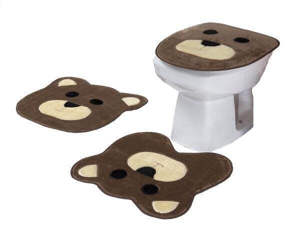 Jogo de Tapetes Banheiro Pelúcia 3 Peças Formato Urso Marrom - 1
