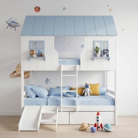 Beliche Casinha Encantada com 02 Gavetas Kit Escada/ Escorregador Madeira Maciça Branco/ Azul