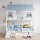 Ver imagem 1 de Beliche Casinha Encantada com 02 Gavetas Kit Escada/ Escorregador Madeira Maciça Branco/ Azul