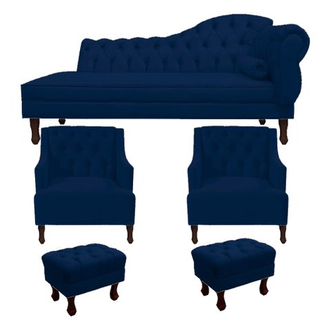 Kit Divã Cancun 140 Cm Braço Esquerdo + 2 Poltronas Genesis + 2 Puffs Retrô Azul Marinho