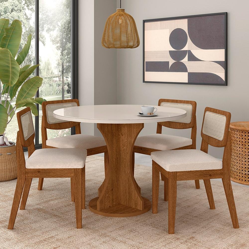 Mesa com 4 Cadeiras Redonda C/vidro Santorini Fre/off/bouclé Off - M.a Freijó/off Premium/boucl
