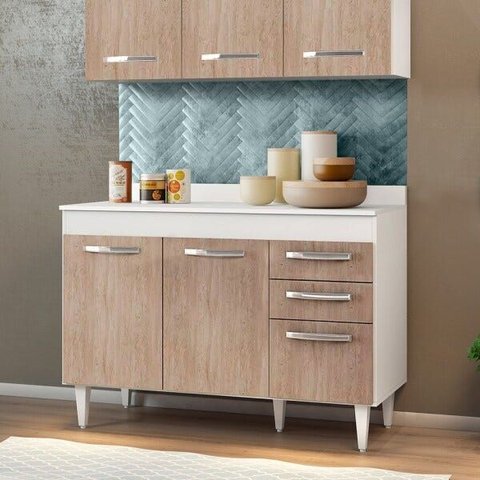Balcão Gabinete de Pia com Tampo Suécia 120cm 3 Portas 2 Gavetas Branco/Castanho - Lumil Mó